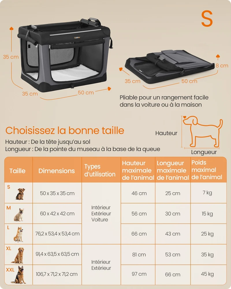 Sac de transport pliable pour petits chiens 50 x 35 x 35 cm avec poche de rangement style moderne en tissu oxford noir 12_0012953