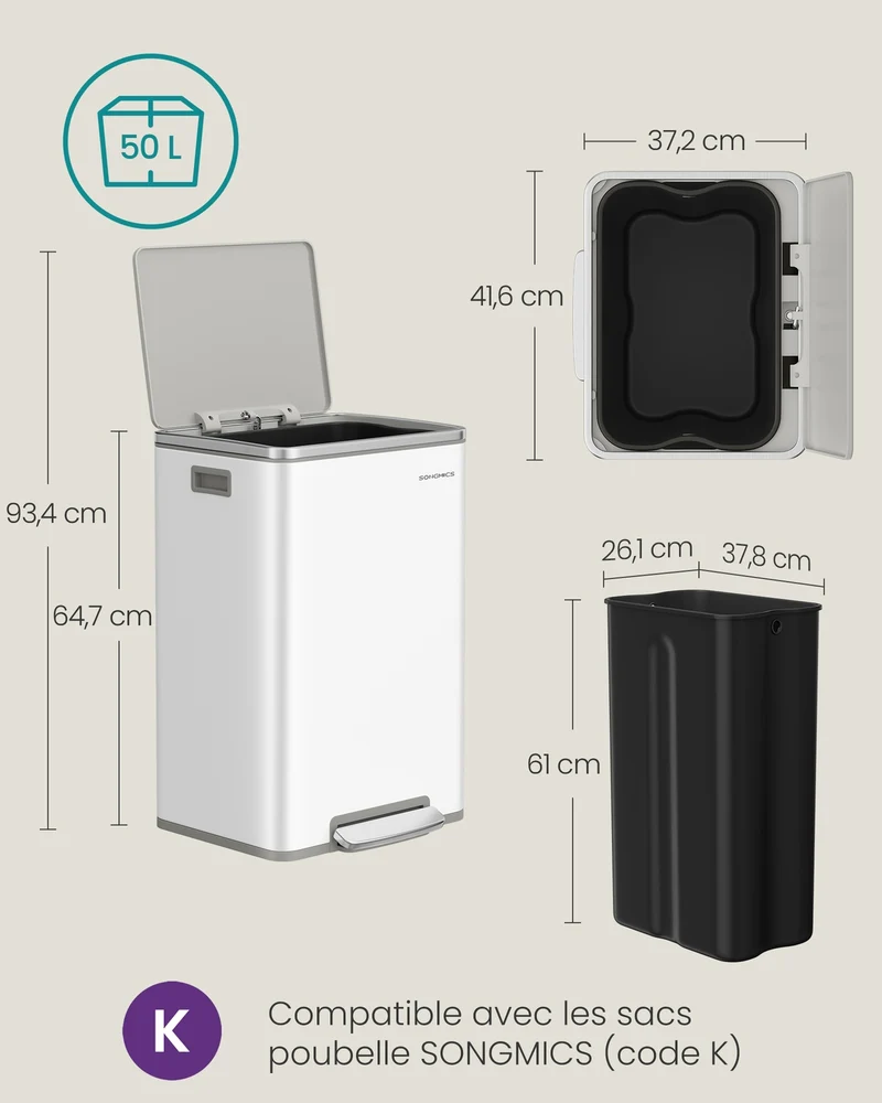 Poubelle de cuisine 50 L avec seau intérieur amovible ergonomique 41,6 x 37,2 x 64,7 cm en acier noir 12_0012736