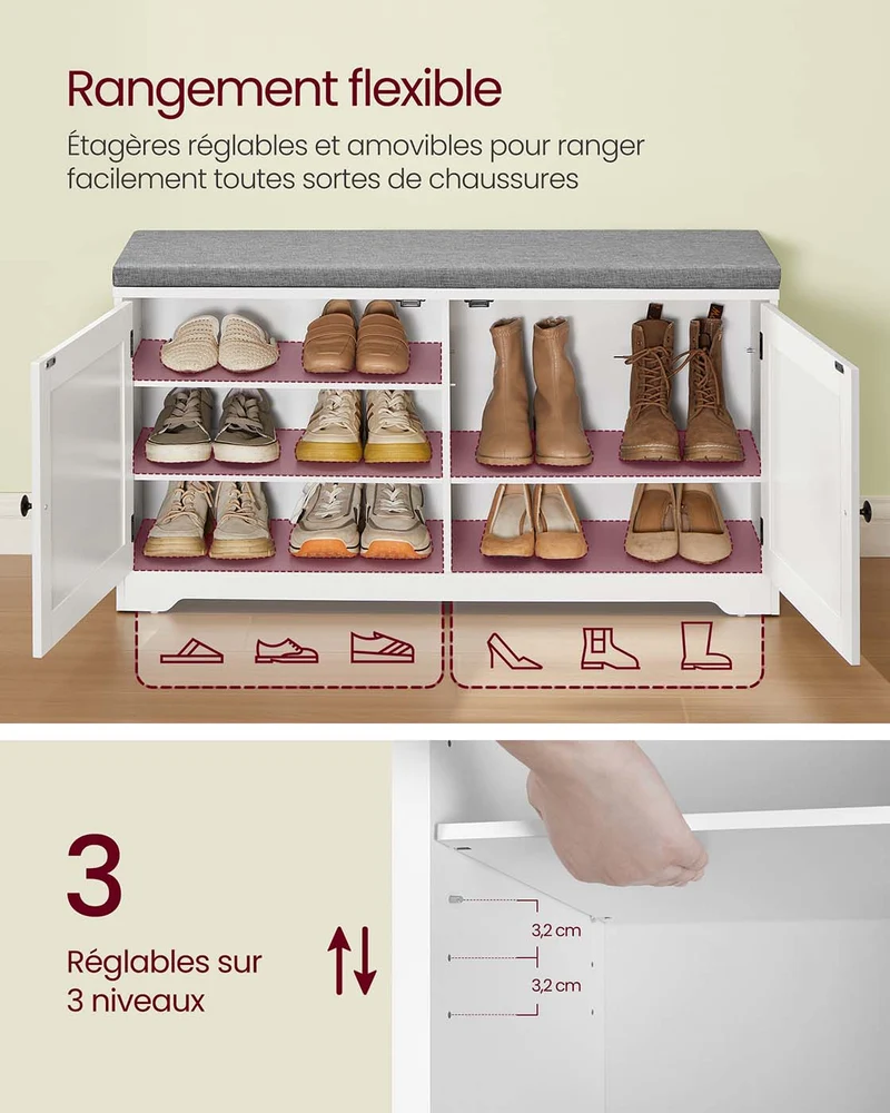 Banc à chaussures design moderne 35,5 x 101 x 52,5 cm avec coussin confortable pour entrée chambre en MDF blanc 12_0012453