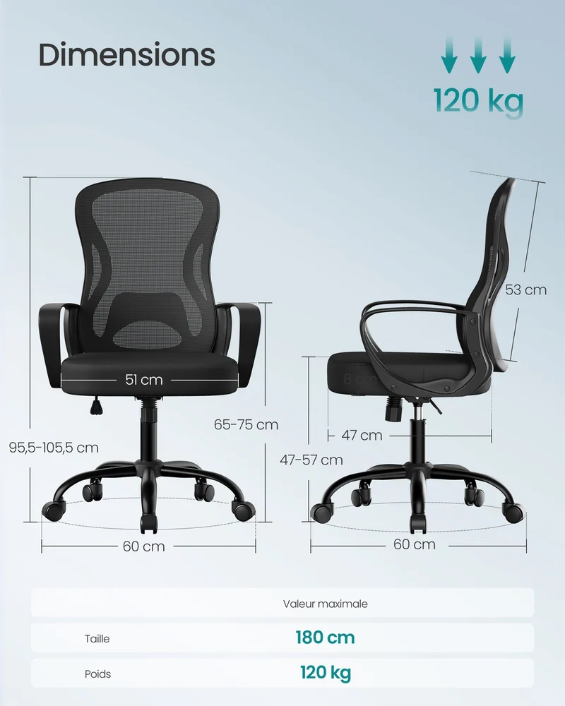 Chaise de bureau ergonomique ajustable hauteur 60 x 60 x 105 cm confort assise 47 x 51 cm en acier noir d'encre 12_0012316