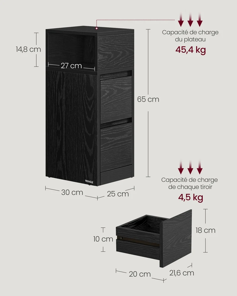 Lot de 2 tables de chevet étroites avec 2 tiroirs et compartiment ouvert pour chambre salon 30 x 25 x 65 cm en panneau MDF noir 12_0011557