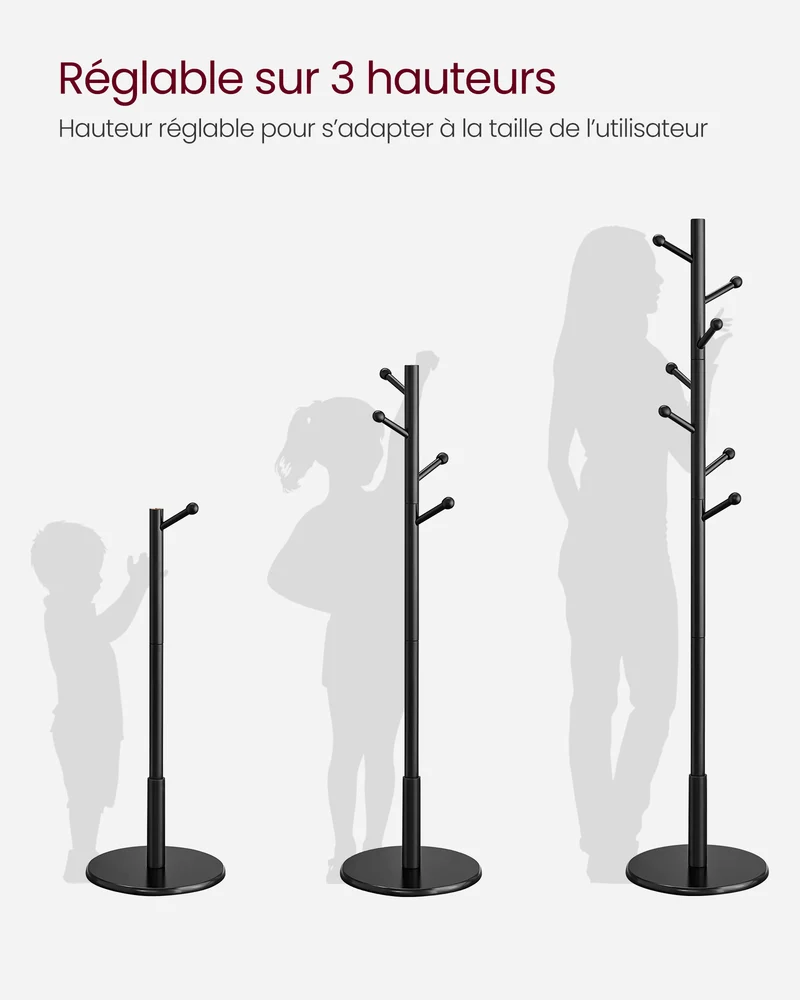 Porte-manteau sur pieds design contemporain 38 x 175 cm 7 patères réglables pour manteaux et sacs en bois noir 12_0011447
