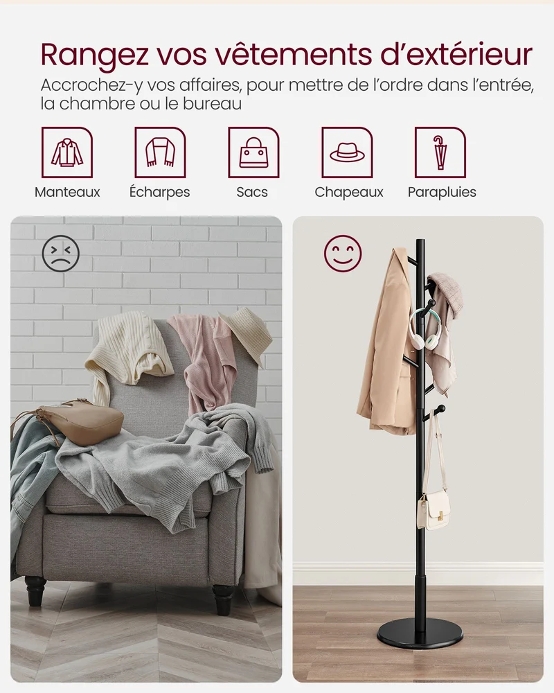 Porte-manteau sur pieds design contemporain 38 x 175 cm 7 patères réglables pour manteaux et sacs en bois noir 12_0011447