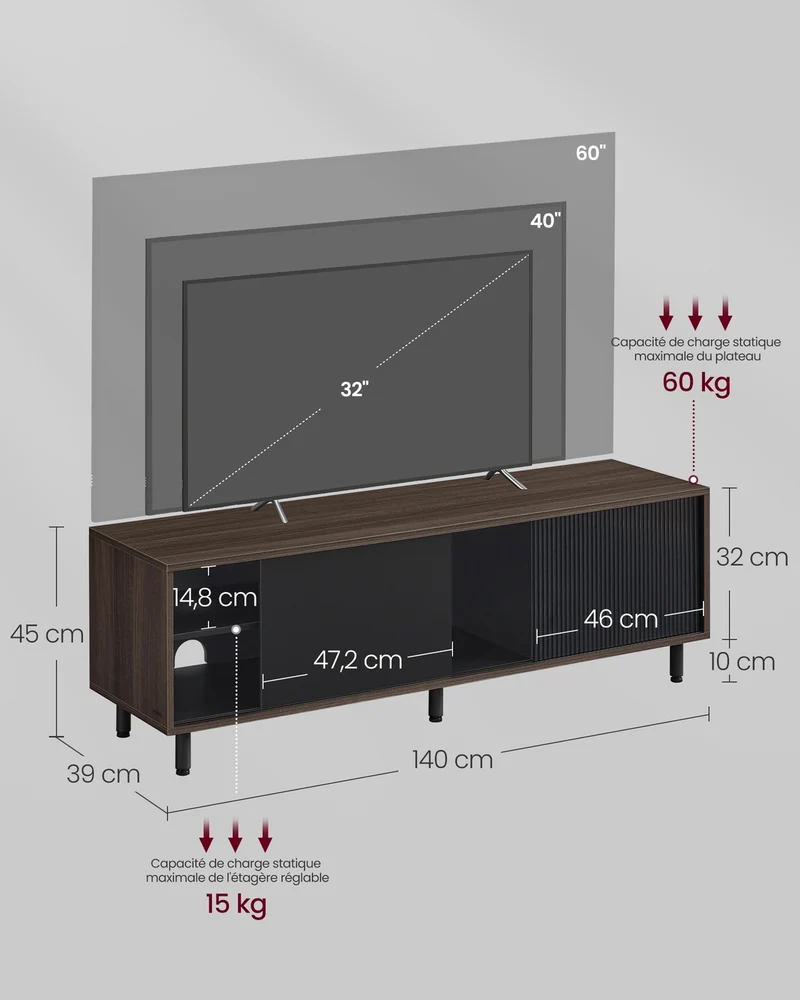 Meuble TV moderne pour salon 140 x 39 x 45 cm avec montage rapide sans outils en panneau d'aggloméré marron cendré 12_0011287
