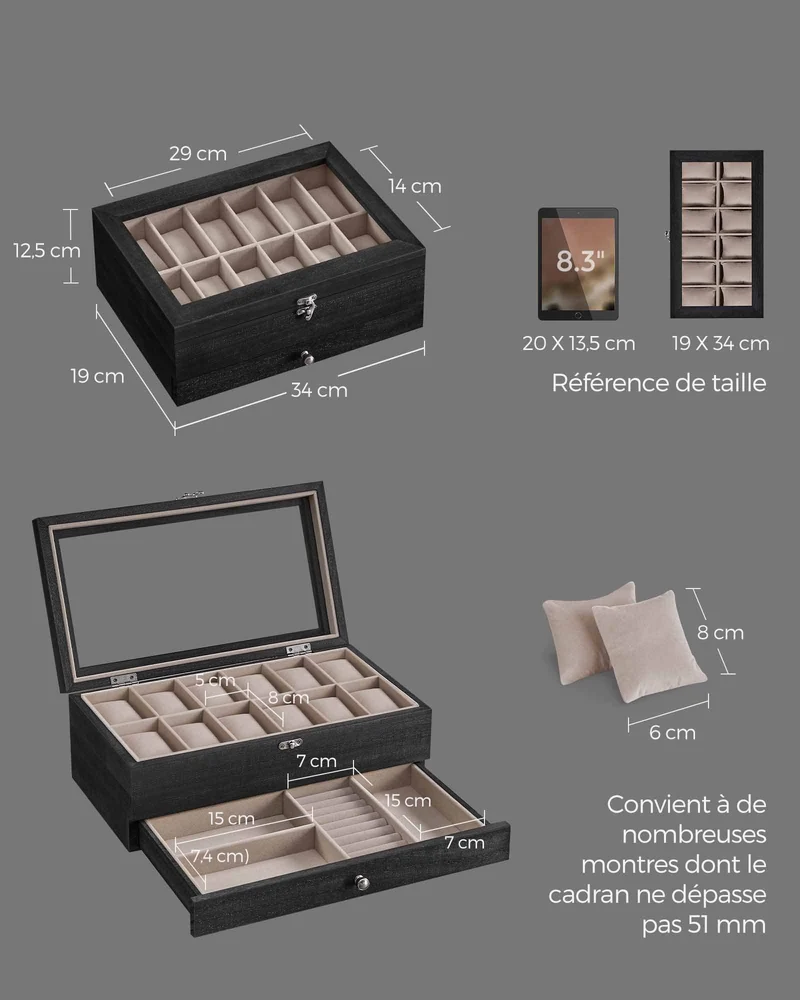 Boîte à montres 8 emplacements avec coussinets doublure velours 19 x 34 x 12,5 cm style élégant finition mate en bois noir 12_0010504
