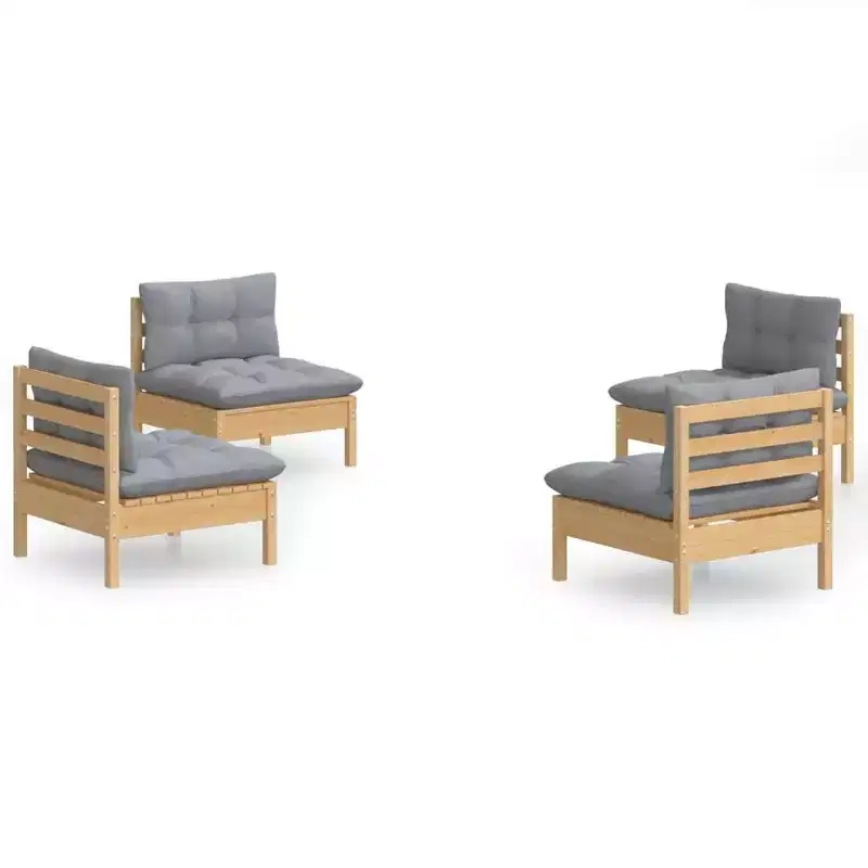 vidaXL Salon de jardin 4 pièces en pin massif avec coussins - Marron et gris