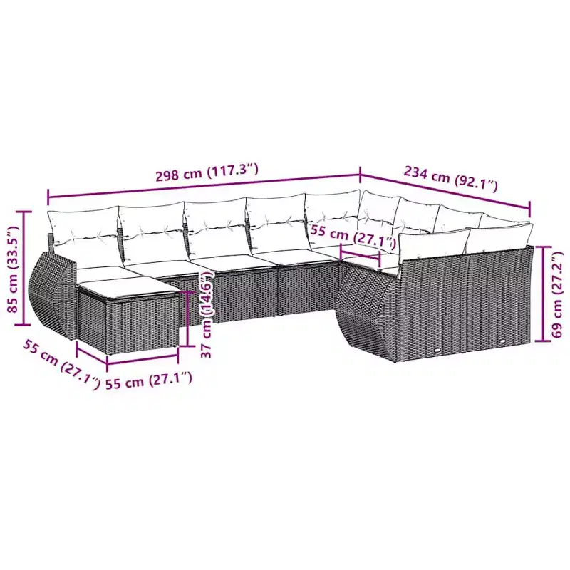 vidaXL Salon de jardin 10 pcs avec coussins, Résine tressée Noir et crème