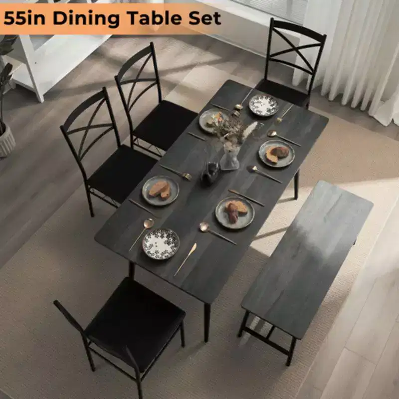 karl Home 1 Table, 1 Tabouret, 4 Chaises, Tuyau de Fer Noir, Coussin Doux Gris, Ensemble Table et Chaises de Salle à Manger