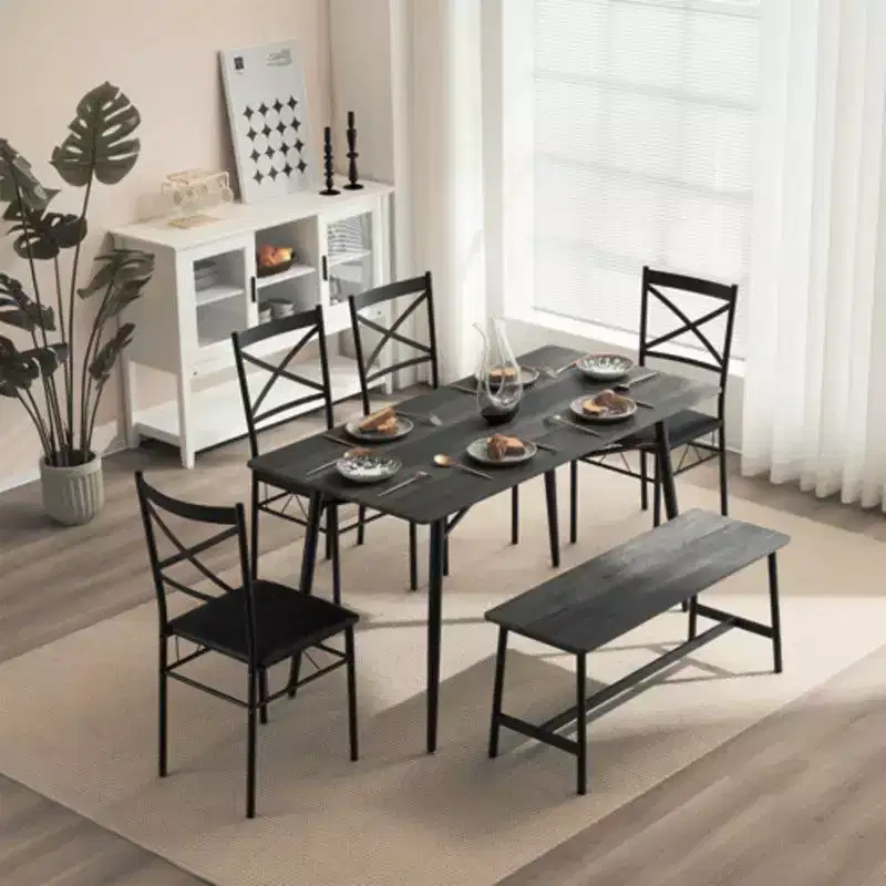 karl Home 1 Table, 1 Tabouret, 4 Chaises, Tuyau de Fer Noir, Coussin Doux Gris, Ensemble Table et Chaises de Salle à Manger