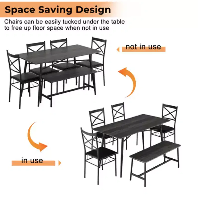 karl Home 1 Table, 1 Tabouret, 4 Chaises, Tuyau de Fer Noir, Coussin Doux Gris, Ensemble Table et Chaises de Salle à Manger