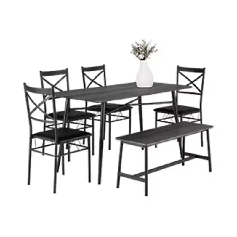 karl Home 1 Table, 1 Tabouret, 4 Chaises, Tuyau de Fer Noir, Coussin Doux Gris, Ensemble Table et Chaises de Salle à Manger