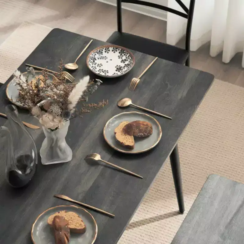 karl Home 1 Table, 1 Tabouret, 4 Chaises, Tuyau de Fer Noir, Coussin Doux Gris, Ensemble Table et Chaises de Salle à Manger