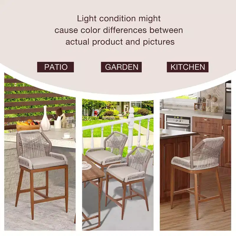Tabourets de bar hauteur comptoir, lot de 2 - Tabourets de bar en rotin de 63 cm de haut, chaises de salle à manger avec dossier, tabourets de bar de patio modernes avec dossier et accoudoirs