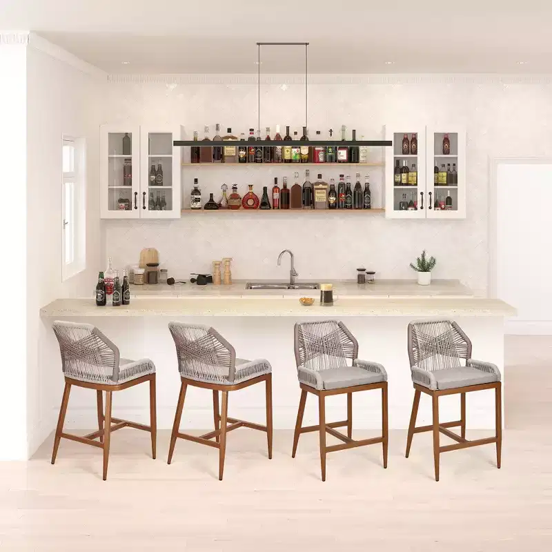 Tabourets de bar hauteur comptoir, lot de 2 - Tabourets de bar en rotin de 63 cm de haut, chaises de salle à manger avec dossier, tabourets de bar de patio modernes avec dossier et accoudoirs