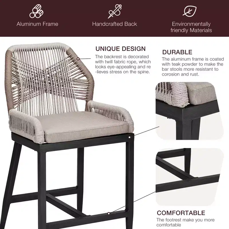 Tabourets de bar hauteur comptoir, lot de 2 - Tabourets de bar en rotin de 63 cm de haut, chaises de salle à manger avec dossier, tabourets de bar de patio modernes avec dossier et accoudoirs