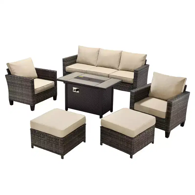 Ensemble de patio HOMLUX 6 pièces avec brasero en acier de 42 po, canapé 3 places, chaises simples et poufs