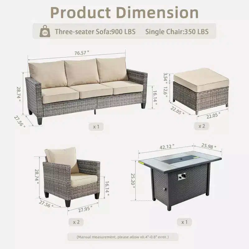 Ensemble de patio HOMLUX 6 pièces avec brasero en acier de 42 po, canapé 3 places, chaises simples et poufs