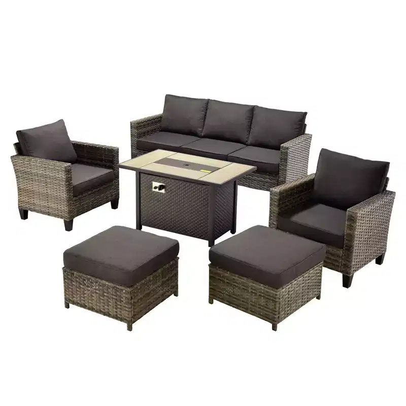 Ensemble de patio HOMLUX 6 pièces avec brasero en acier de 42 po, canapé 3 places, chaises simples et poufs