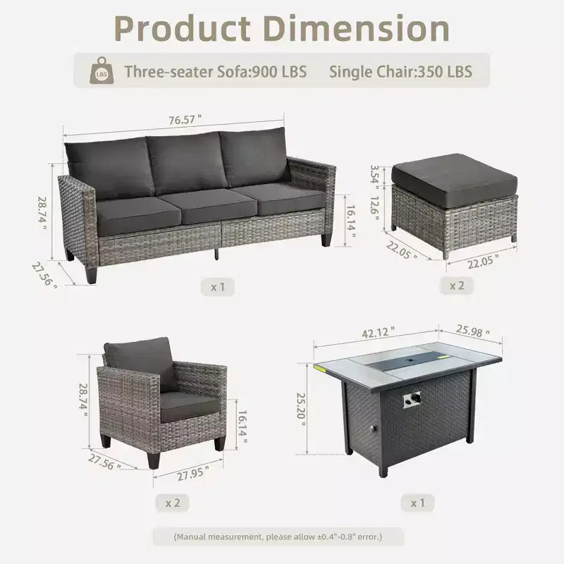 Ensemble de patio HOMLUX 6 pièces avec brasero en acier de 42 po, canapé 3 places, chaises simples et poufs