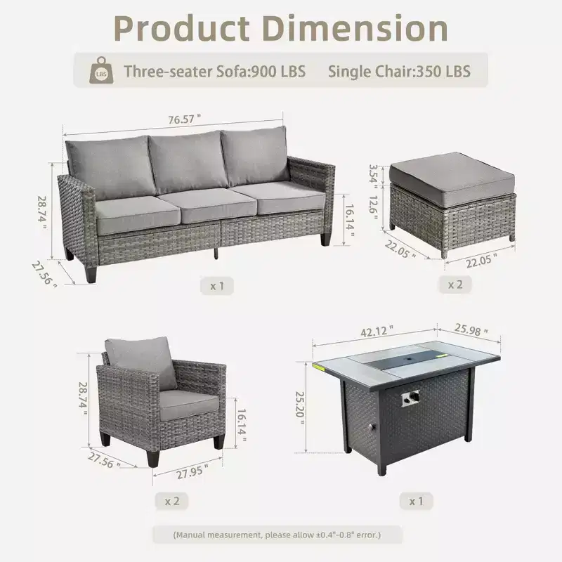 Ensemble de patio HOMLUX 6 pièces avec brasero en acier de 42 po, canapé 3 places, chaises simples et poufs