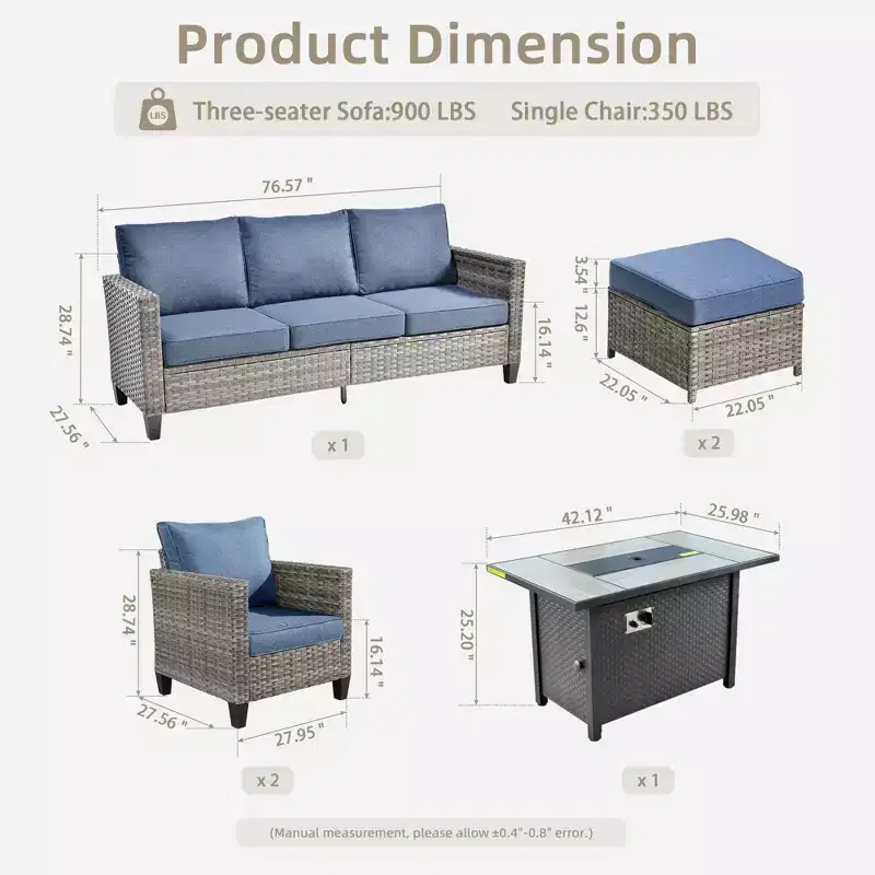 Ensemble de patio HOMLUX 6 pièces avec brasero en acier de 42 po, canapé 3 places, chaises simples et poufs