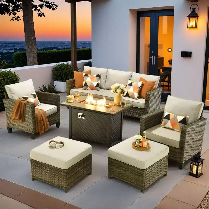 Ensemble de patio HOMLUX 6 pièces avec brasero en acier de 42 po, canapé 3 places, chaises simples et poufs