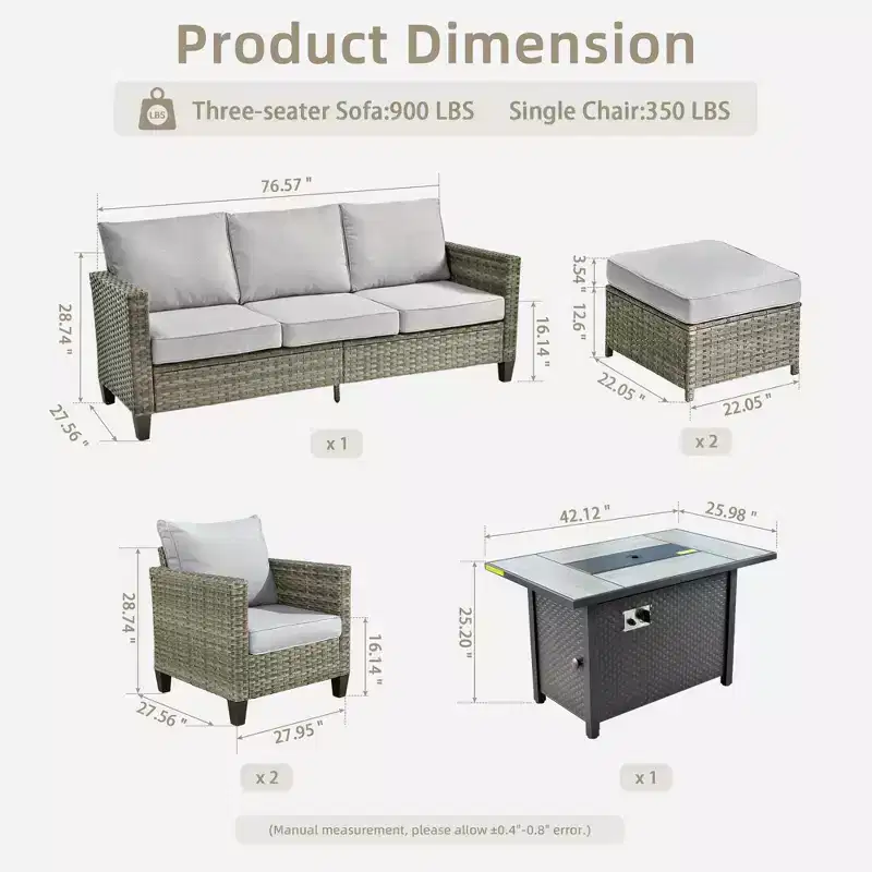 Ensemble de patio HOMLUX 6 pièces avec brasero en acier de 42 po, canapé 3 places, chaises simples et poufs