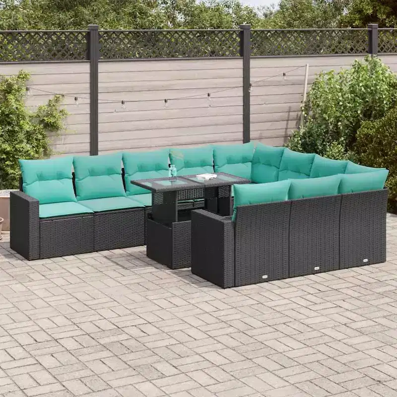 vidaXL Salon de jardin 11 pcs avec coussins Noir Résine tressée Acacia