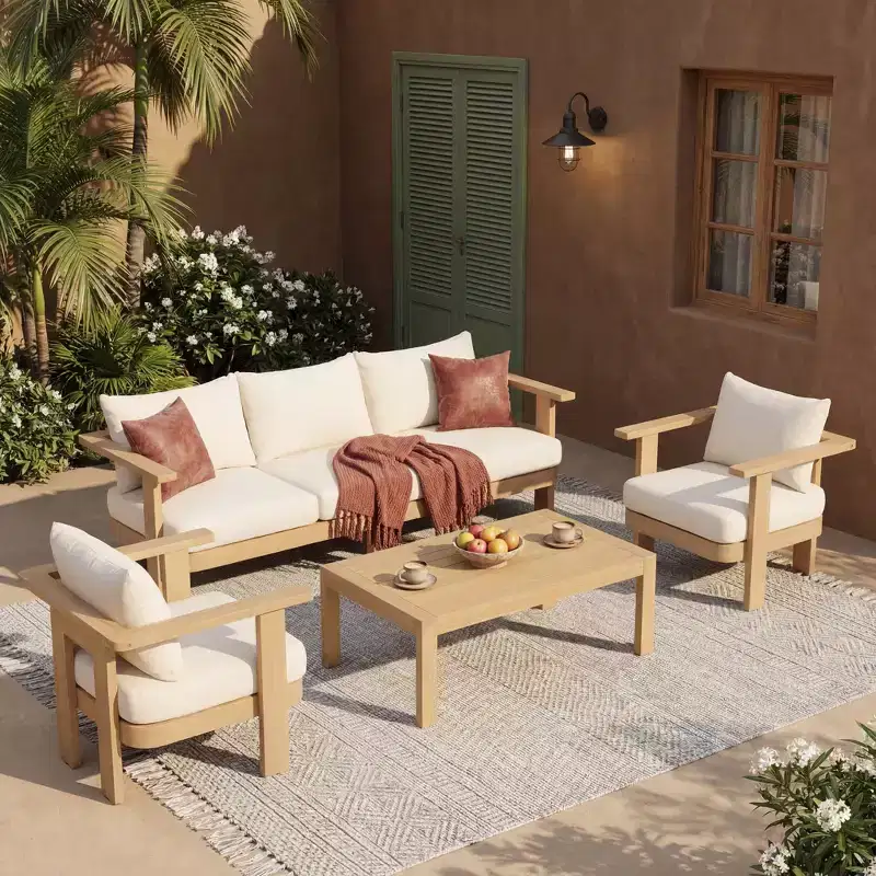 Christopher Knight Home Abena Ensemble de 4 fauteuils de terrasse modernes en bois d'acacia avec coussin et table basse à lattes