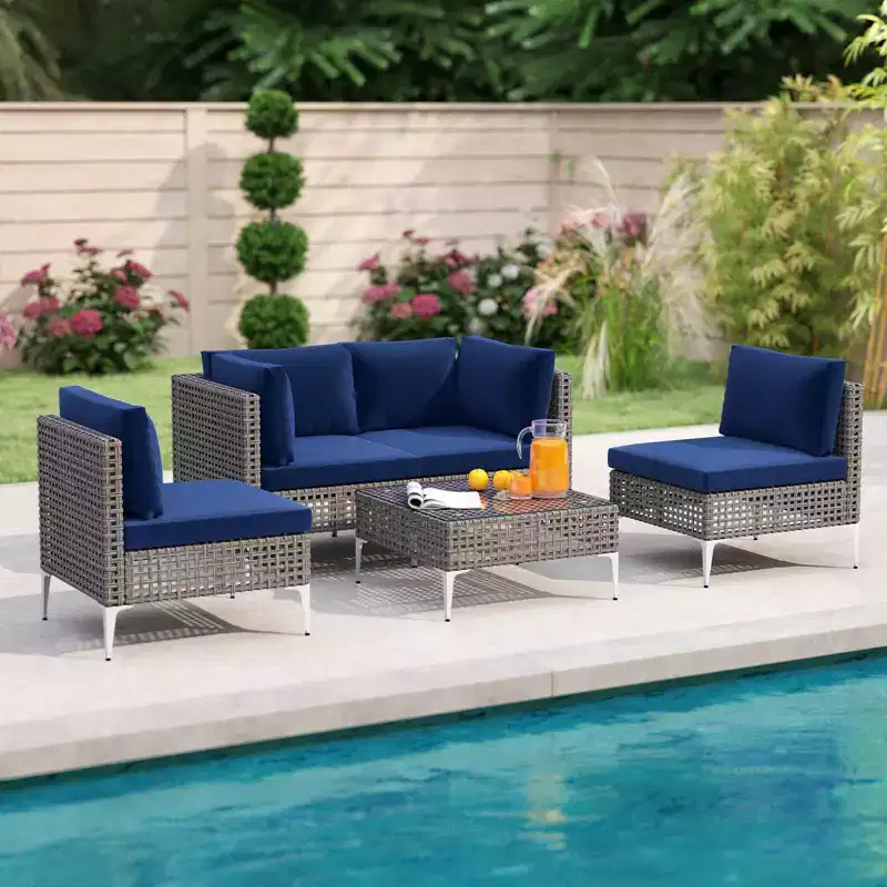 Ensemble de mobilier d'extérieur Costway 5 pièces avec coussins d'assise et de dossier Table basse en verre trempé Bleu marine/Gris