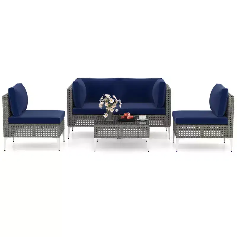 Ensemble de mobilier d'extérieur Costway 5 pièces avec coussins d'assise et de dossier Table basse en verre trempé Bleu marine/Gris