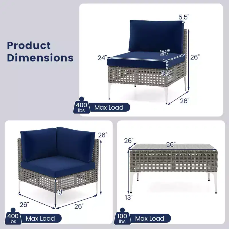 Ensemble de mobilier d'extérieur Costway 5 pièces avec coussins d'assise et de dossier Table basse en verre trempé Bleu marine/Gris