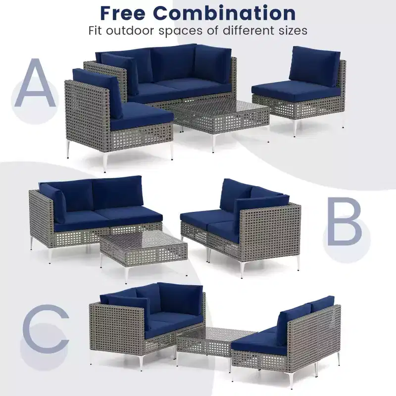 Ensemble de mobilier d'extérieur Costway 5 pièces avec coussins d'assise et de dossier Table basse en verre trempé Bleu marine/Gris