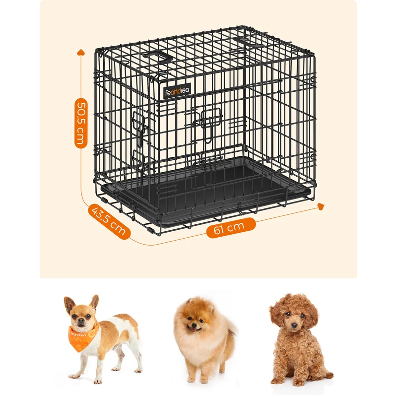 Cage pour chien pliable avec 2 portes et plateau amovible 61 x 43,5 x 50,5 cm en acier noir 12_0010588