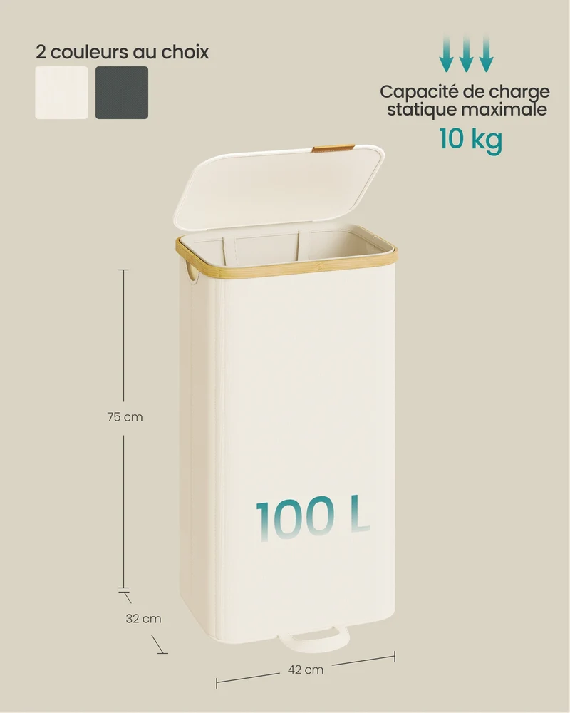 Panier à linge design moderne 42 x 32 x 75 cm avec couvercle amovible pour chambre buanderie en bambou blanc crème 12_0012848