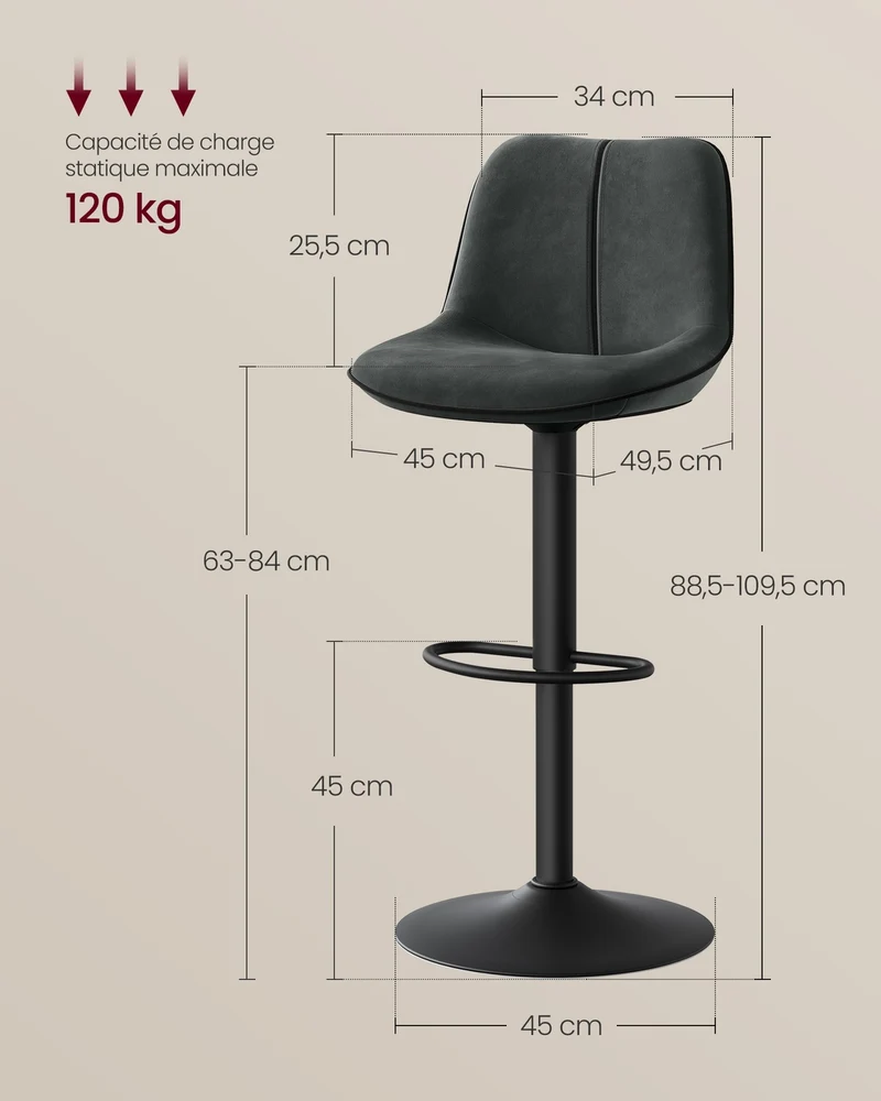 Lot de 4 tabourets de bar pivotants réglables hauteur 49,5 x 45 x 109,5 cm assise ergonomique style moderne en velours gris anthracite 12_0012830