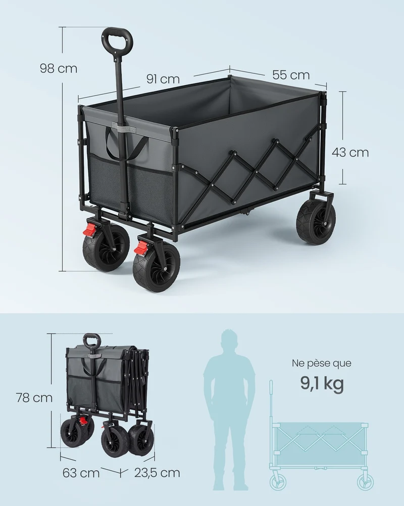 Chariot de transport pliable extérieur jardin 55 x 91 x 98 cm capacité 200 L 4 roues robustes en plastique gris tourterelle 12_0012791
