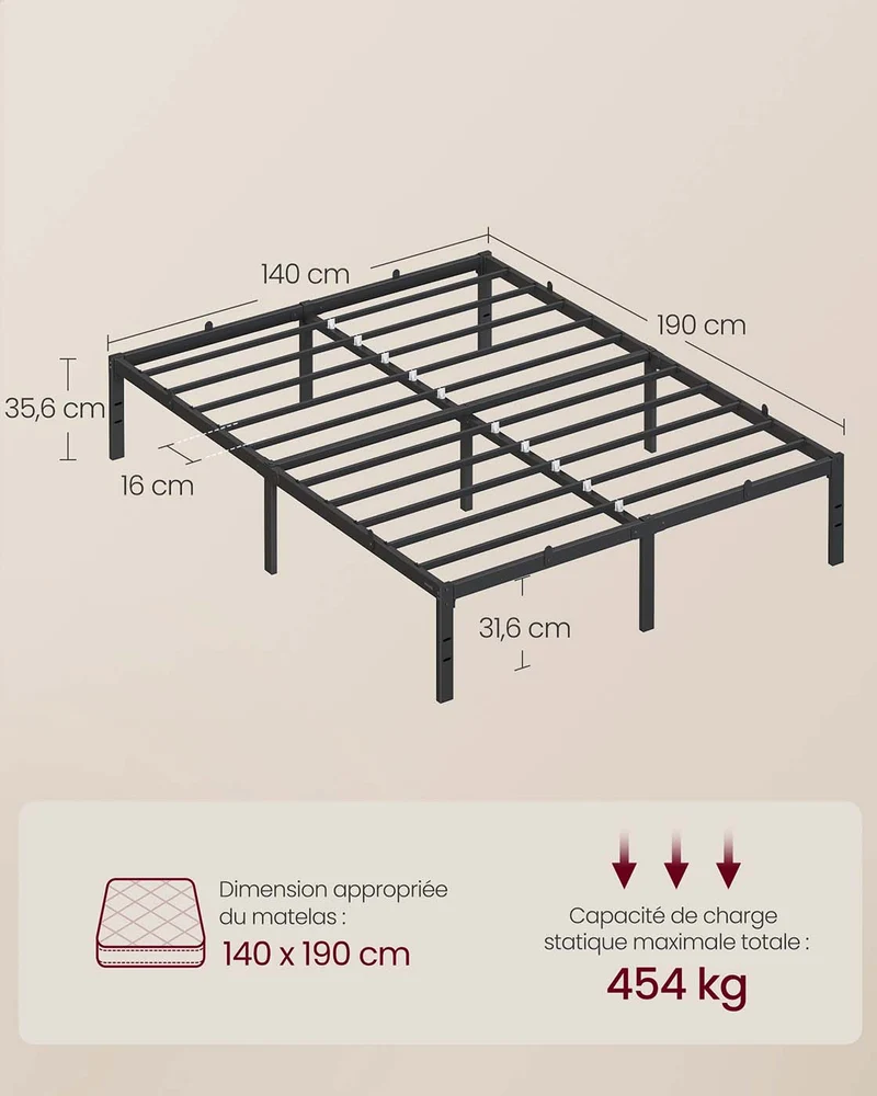Lit simple avec sommier 90 x 190 cm espace de rangement moderne 190 x 140 x 35,6 cm en acier noir mat 12_0012626