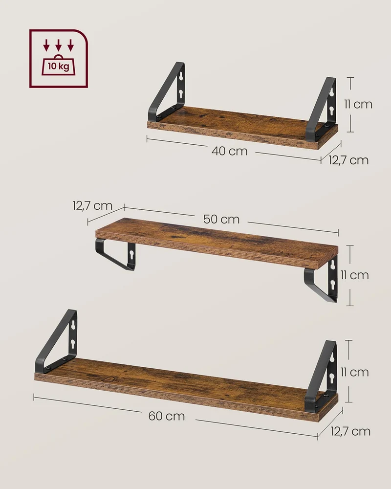 Lot de 3 étagères murales suspendues rangement modulable 12,7 x 60 x 11,2 cm en aggloméré noir 12_0012542