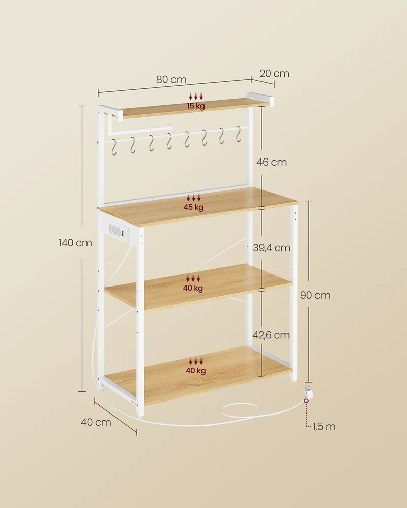 Étagère de cuisine avec porte essuie-tout et support micro-ondes 40 x 80 x 140 cm style rustique en aggloméré doré chêne 12_0012290