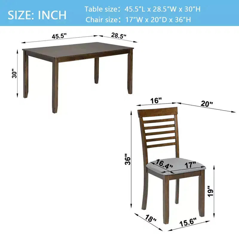 Ensemble de salle à manger moderne 5 pièces : table rectangulaire en bois avec 4 chaises rembourrées pour cuisine et salle à manger