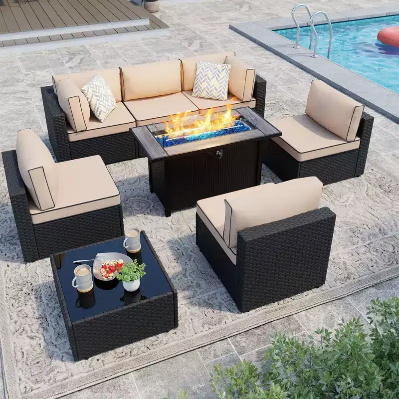 Celebalcony - Ensemble de conversation d'extérieur 8 pièces avec canapé modulable, cadre noir et table brasero