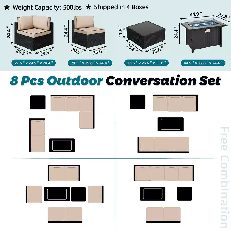 Celebalcony - Ensemble de conversation d'extérieur 8 pièces avec canapé modulable, cadre noir et table brasero