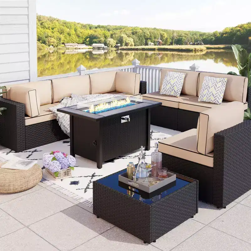 Celebalcony - Ensemble de conversation d'extérieur 8 pièces avec canapé modulable, cadre noir et table brasero