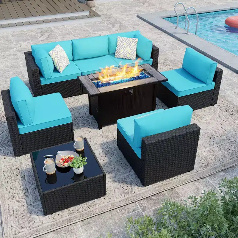 Celebalcony - Ensemble de conversation d'extérieur 8 pièces avec canapé modulable, cadre noir et table brasero