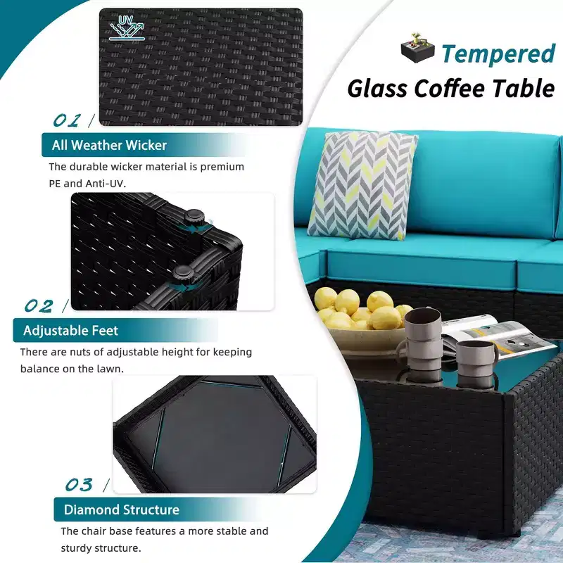 Celebalcony - Ensemble de conversation d'extérieur 8 pièces avec canapé modulable, cadre noir et table brasero