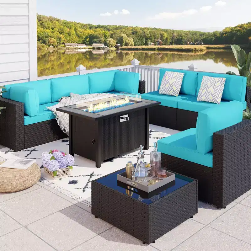 Celebalcony - Ensemble de conversation d'extérieur 8 pièces avec canapé modulable, cadre noir et table brasero
