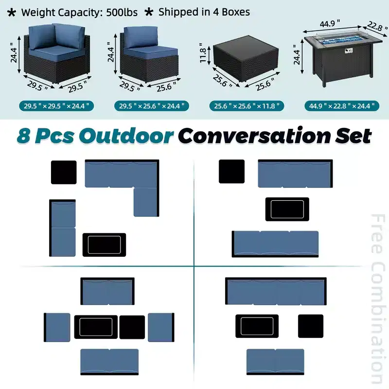 Celebalcony - Ensemble de conversation d'extérieur 8 pièces avec canapé modulable, cadre noir et table brasero