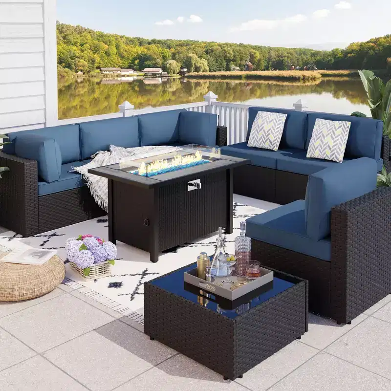 Celebalcony - Ensemble de conversation d'extérieur 8 pièces avec canapé modulable, cadre noir et table brasero