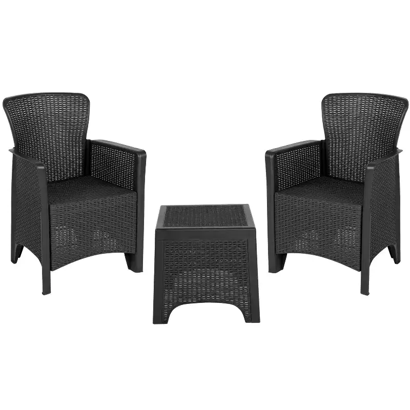 Merrick Lane Salon de jardin 3 pièces en rotin synthétique et résine, fauteuils de relaxation et table d'appoint, gris foncé